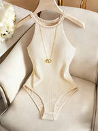 New 26-Year Style Women's Bodysuit Top, 2pcs, Sleeveless Tank Top Design, Ribbed Fabric, Base Layer, Elegant Temperament, Y2K Style - Apricot + Coffee