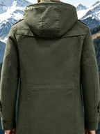 DIFFELEMENT Men's Outdoor Workwear Style Mid-Length Hooded Parka Coat with Fleece-Lined Thickened Lamb's Fleece Interior, Hood, Zipper, Button Double Front Closure, Windproof Multi-Pocket Design, Cold-Resistant, Wear-Resistant, and Warm Padded Coat - Military Green