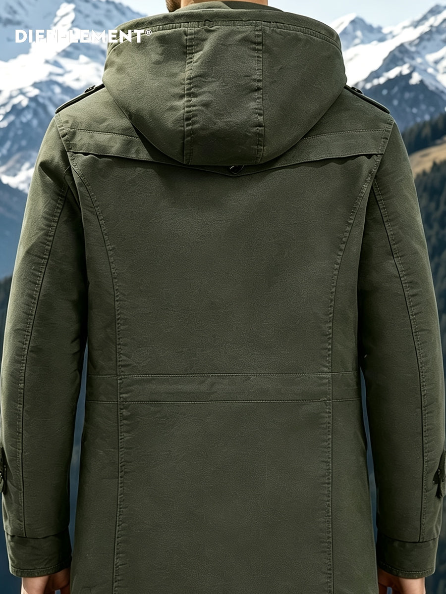 DIFFELEMENT Men's Outdoor Workwear Style Mid-Length Hooded Parka Coat with Fleece-Lined Thickened Lamb's Fleece Interior, Hood, Zipper, Button Double Front Closure, Windproof Multi-Pocket Design, Cold-Resistant, Wear-Resistant, and Warm Padded Coat - Military Green