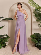 Elegant Directional Pleated Slit Evening Gown, Women'S Evening Dress, Party Dress, Graceful Dress, Unique Design, Exquisite Fabric, Long Dress, Formal Wear, Women'S Fashion - Light Purple