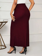Women's Elegant Midi Skirt - Stretchy Fabric with Adjustable Bow Tie Waist, Slit Pockets & Flattering Fitted Cut for Spring/Autumn, Casual Outings, Parties & Vacations - Deep Red