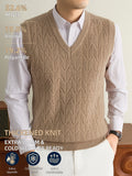 Men's Autumn & Winter Knitted Sweater Vest, Classic V-Neck with Raised Herringbone Texture, Thick & Warm, Timeless Refined Style for Work, Casual Wear, Outdoor Activities & Camping, Ideal Gift for Dad or Husband - Camel