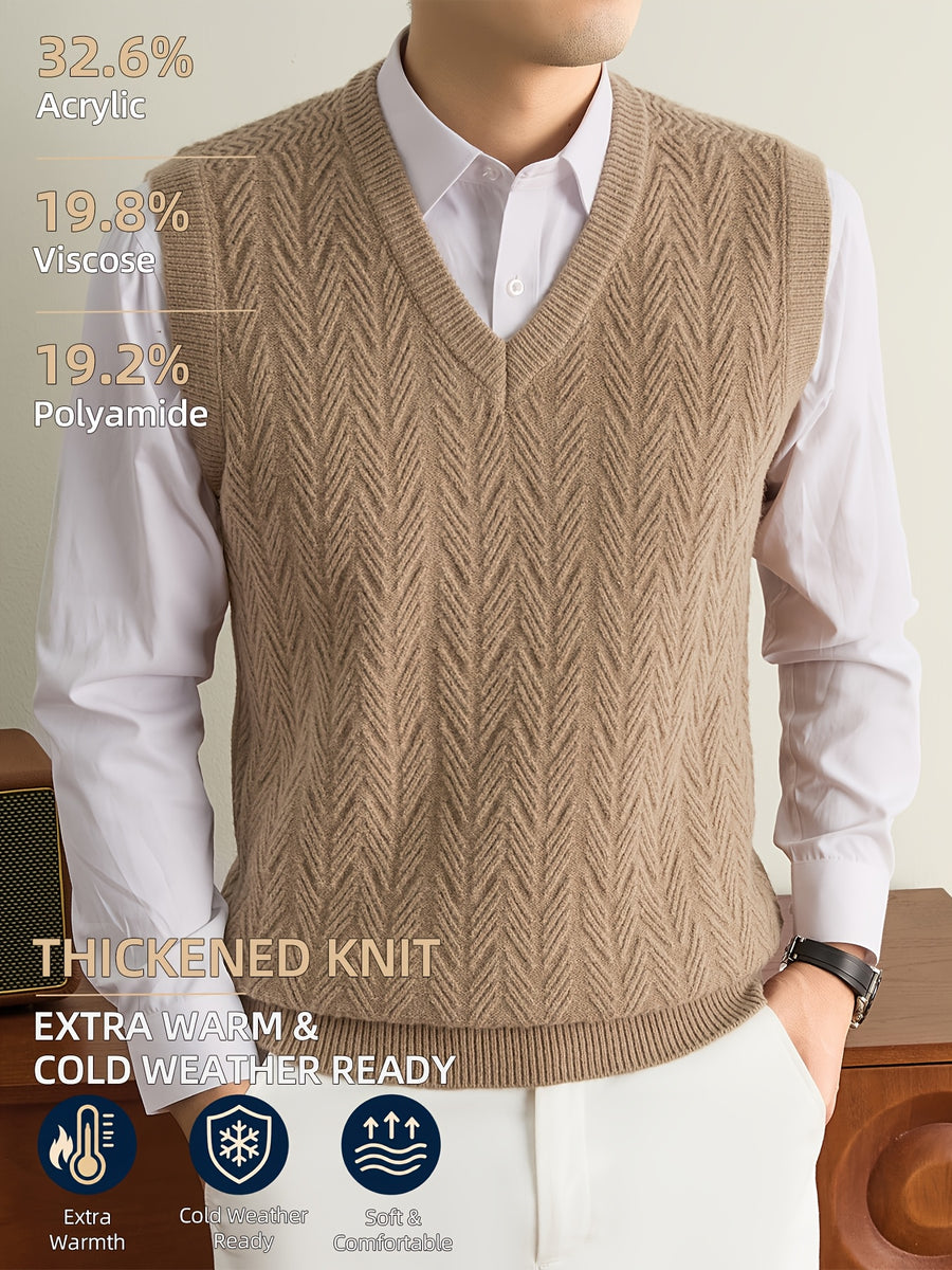 Men's Autumn & Winter Knitted Sweater Vest, Classic V-Neck with Raised Herringbone Texture, Thick & Warm, Timeless Refined Style for Work, Casual Wear, Outdoor Activities & Camping, Ideal Gift for Dad or Husband - Camel