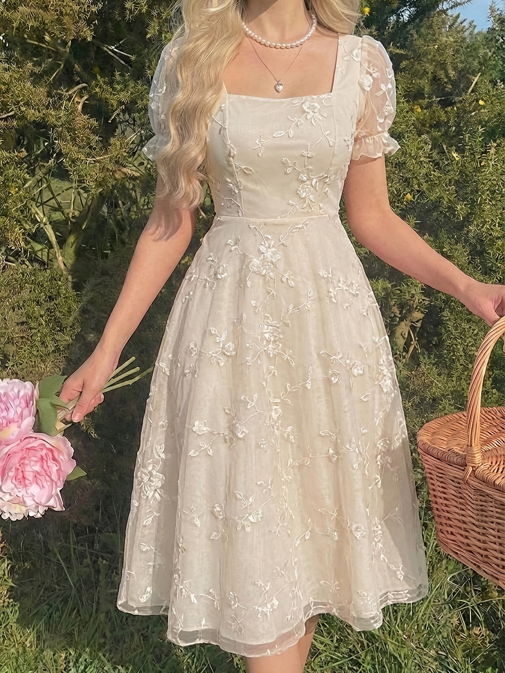 French-Style Pastoral Sweet Mesh Solid Color Maiden Dress - Apricot