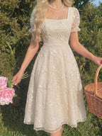French-Style Pastoral Sweet Mesh Solid Color Maiden Dress - Apricot