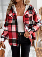 Women'S Casual Plaid Fleece Lined Hooded Regular Jacket, Napped Plaid Fleece-Lined Women'S Top, Hooded Shirt - Bright Red