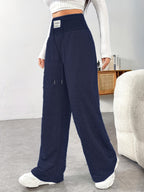 High-waisted Ribbed Waistband Wide-leg Pants with Contrast Drawstring and Label, No Pockets, Solid Color, Versatile for Daily Commuting in Spring, Summer, and Autumn. Lightweight and Easy to Wear, a Fashionable Choice - Navy Color