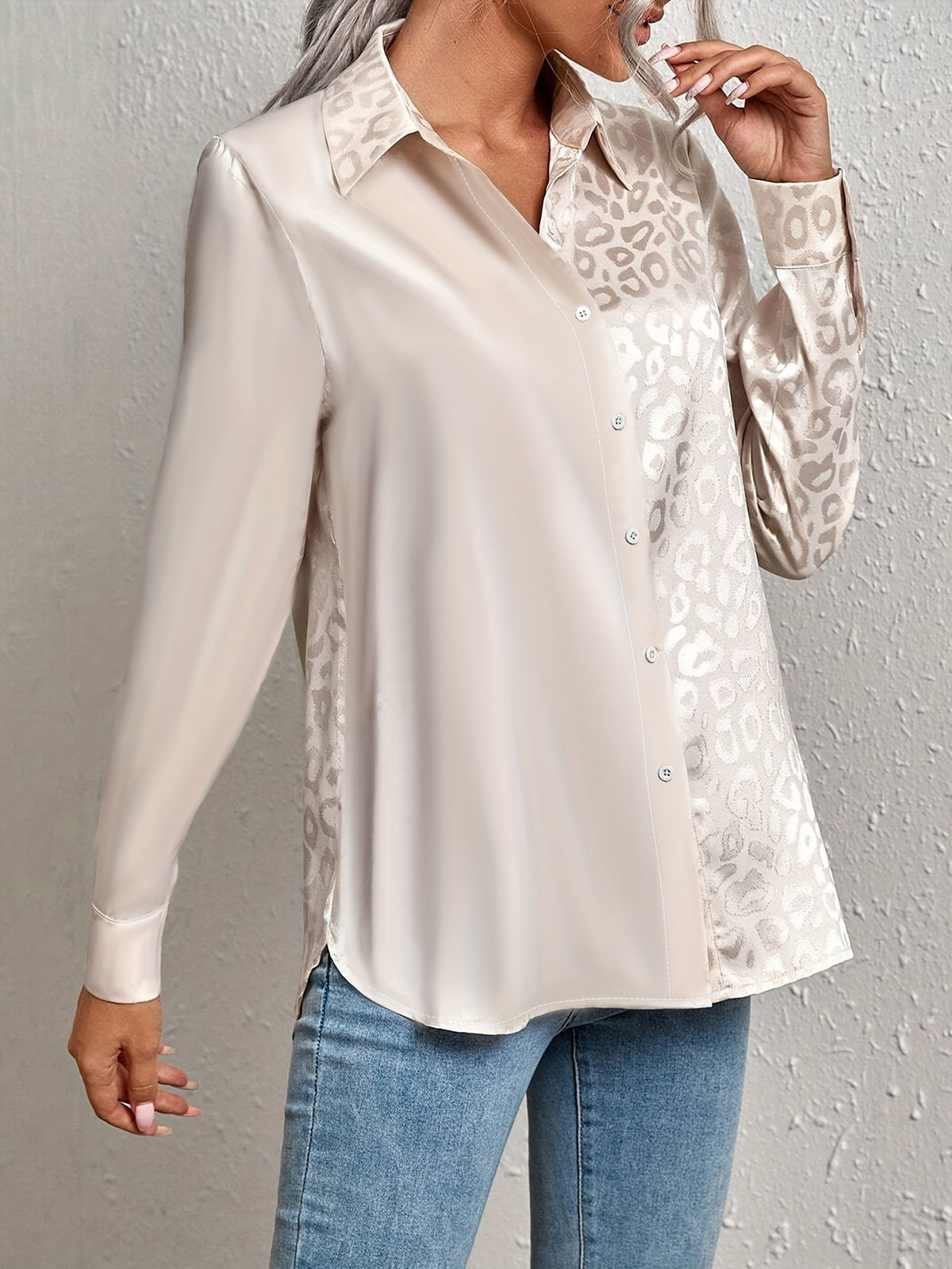 Leopard-Print Jacquard Two-Tone Patchwork Satin Buttoned Long-Sleeve Collared Shirt - Apricot