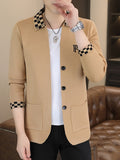 [Wading Whale OBM] Spring/Autumn New Men'S Knit Cardigan, Old Money Style Color-Block Checkered Lapel with Embroidered Logo Pocket And Button-Front Design, Men'S Business Casual Fashion Cardigan Top, Suitable for Spring, Autumn, Winter Outerwear - Khaki