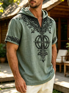 26 Styles Summer Men'S Loose Faith Rune Print Hooded Hip-Hop Trendy Short Sleeve, Casual Commute, Outing Shopping - Olive Green