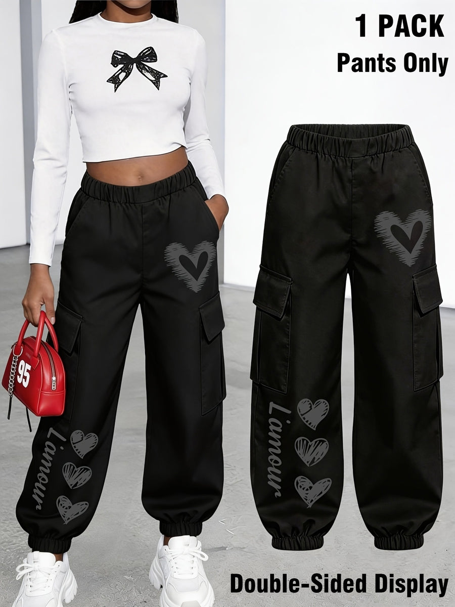 New Arrival - Women's Cargo Pants Sold Individually, Cute and Fun Heart Print Work Pants with Multiple Pockets, Cargo Pants Style, Long Pants for Fashionable Aged 18-25, Machine Washable, Durable Fabric - Suitable for Spring and Summer - Black