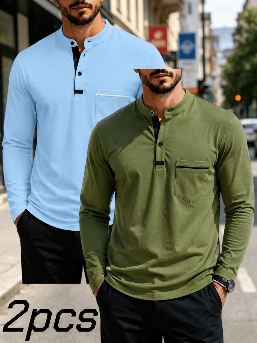 2pcs Men's Stand Collar Long Sleeve Henley Shirt, Casual Half-Button T-Shirt with Pockets, Lightweight and Breathable Stand Collar Pullover Top, Suitable for Daily, Office, and Outdoor Scenes - Light Blue + Military Green