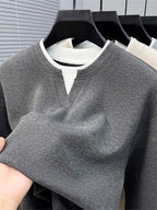 Men'S V-Neck Faux Two-Piece Long Sleeve Sweatshirt, Suitable for Commute And Casual Wear, Outerwear And Inner Wear, Regular Shoulder Long Sleeve Pullover Sweatshirt - SINBOS - heather grey