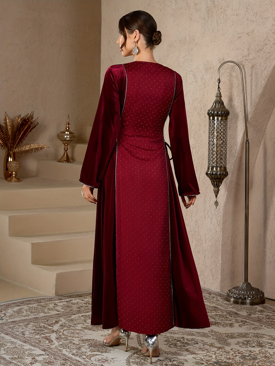 A Single Piece Women'S Autumn And Winter Middle Eastern Style V-Neck Long Sleeve A-Line Dress - a Wine Red Sequined Embroidered Fashionable Dress with Traditional Elegant Side Ties, Adorned with Golden Velvet for Festive Decoration - Burgundy