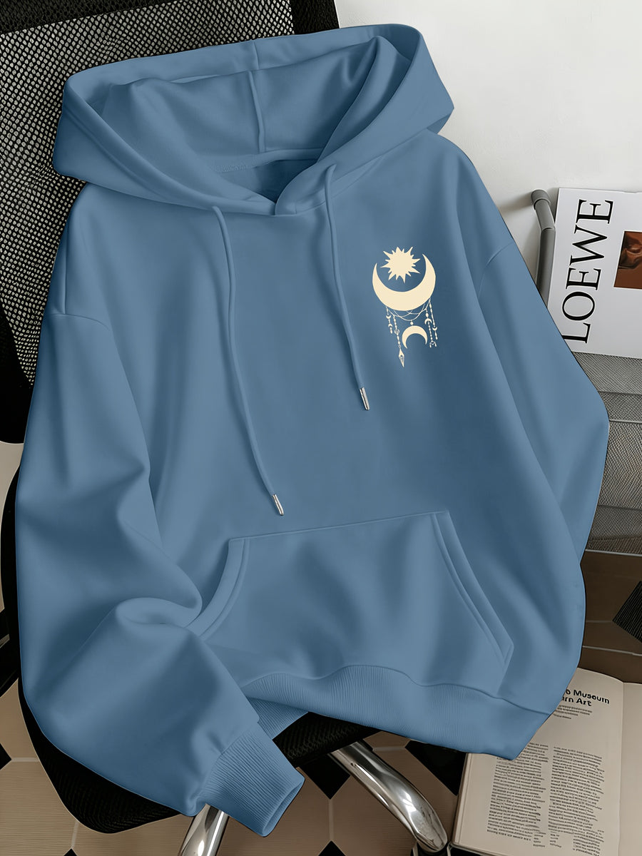 Women'S Fashion Starry Moon Print Casual Hooded Sweatshirt - Peacock Blue