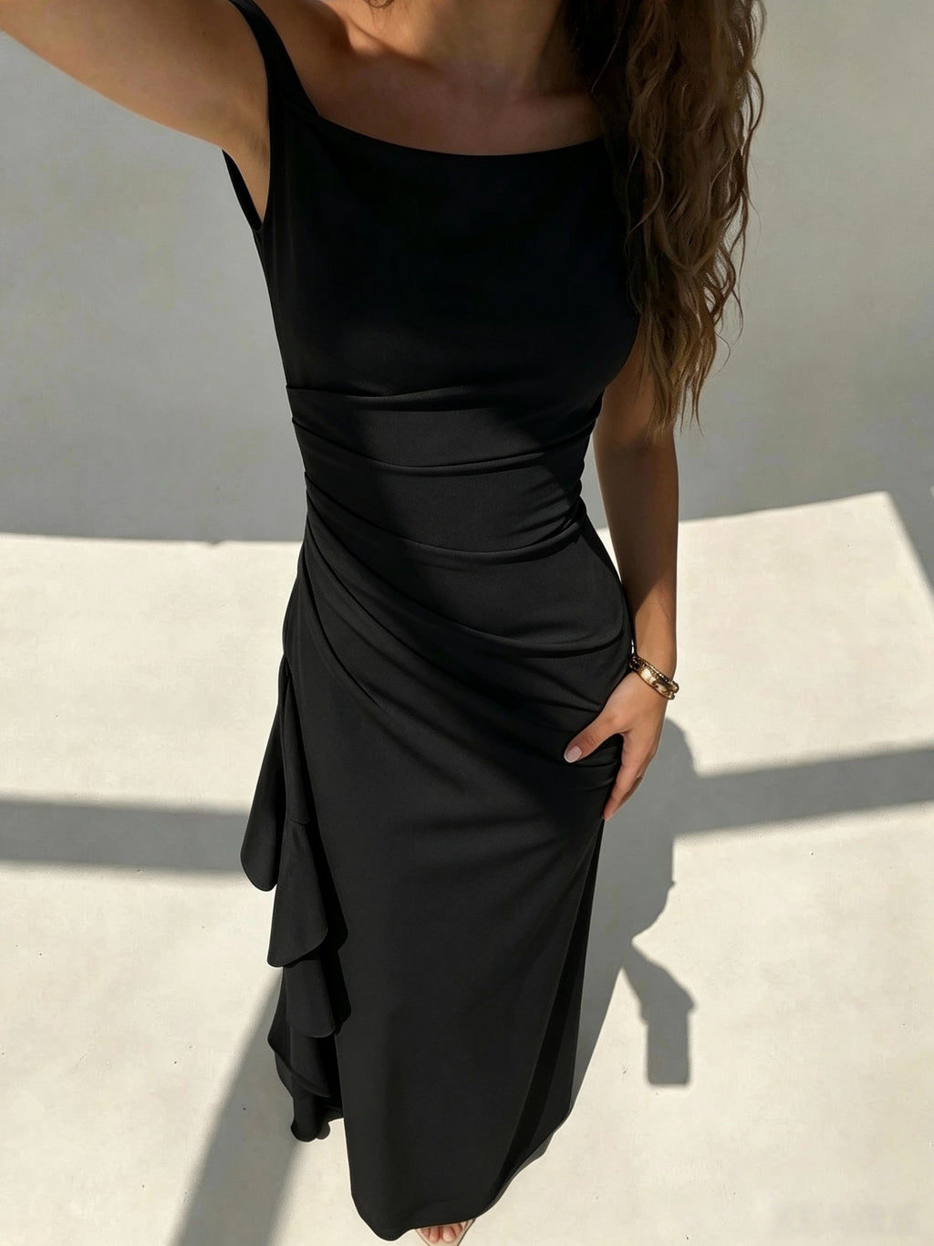 Women's Elegant Off-Shoulder Bridesmaid Dress with Twist Knot Strapless High Slit & Ruffled Wrap - Machine Washable Wedding Party Dress Suitable for Prom, Valentine's Day, Special Occasions, Long Evening Gown - Black