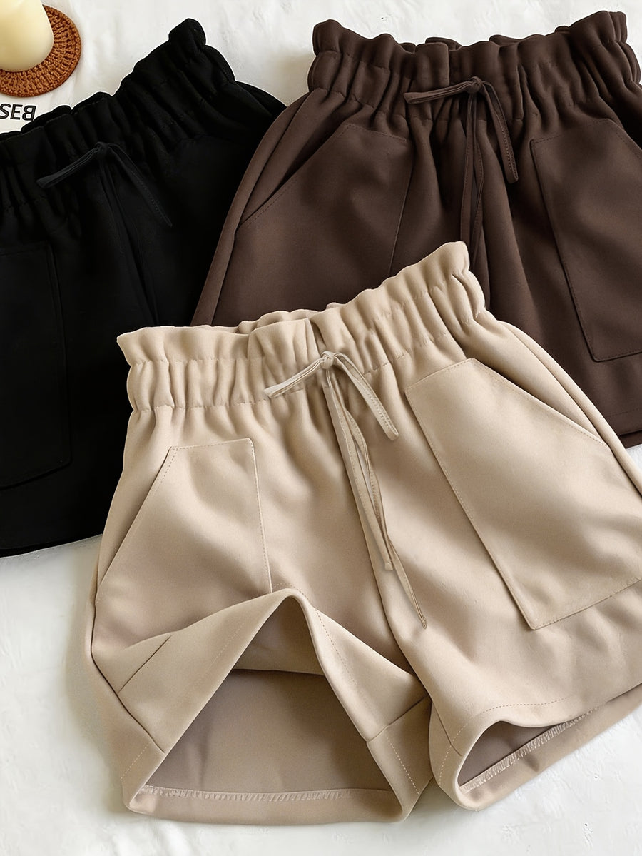 Fashionable Loose-Fit Versatile Shorts Set for Home or Outdoors, Comfortable Wide-Leg Women's Shorts, 3pcs Set - Apricot+Black+Brown