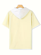 Spring Summer New Casual Versatile Patchwork Hooded Sweatshirt Short Sleeve Top - Apricot with white accents