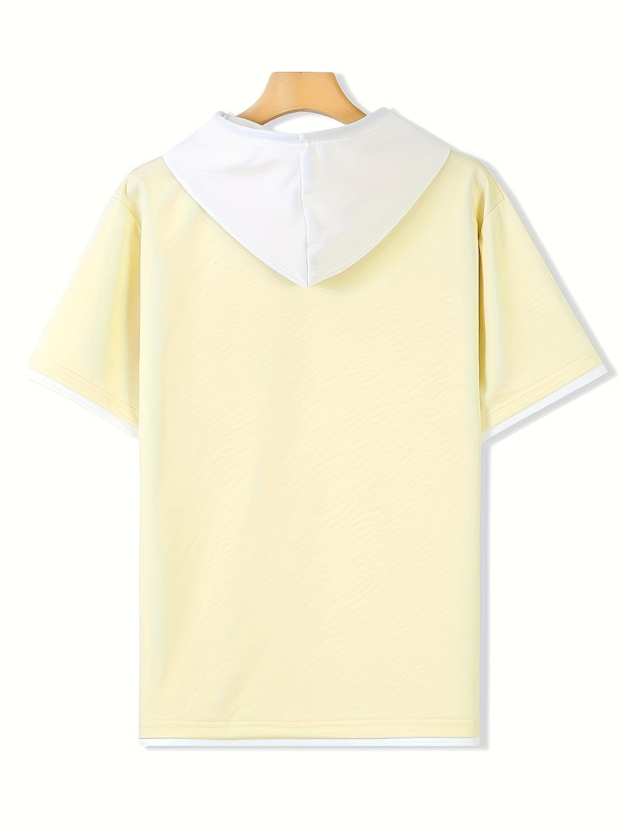 Spring Summer New Casual Versatile Patchwork Hooded Sweatshirt Short Sleeve Top - Apricot with white accents