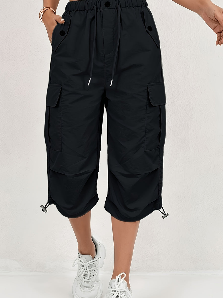 Women's Solid Color Pants with Elastic Waist & Multi-Pocket - Lightweight Quick-Dry Cropped Capri Length Trousers, Loose-Fit Suitable for Casual Outdoor, Office, Casual Attire, Machine Washable (No) - Black
