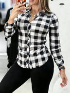 Women's Elegant Special Line Long Sleeve Button-Up Shirt - Loose Fit Lapel Collar Blouse, Double-Color Checkered ( & Color), Single-Breasted Door Placket, Suitable for Spring Summer Fall Casual Outdoor Wear, Office & Semi-Formal Attire - Black And White Plaid