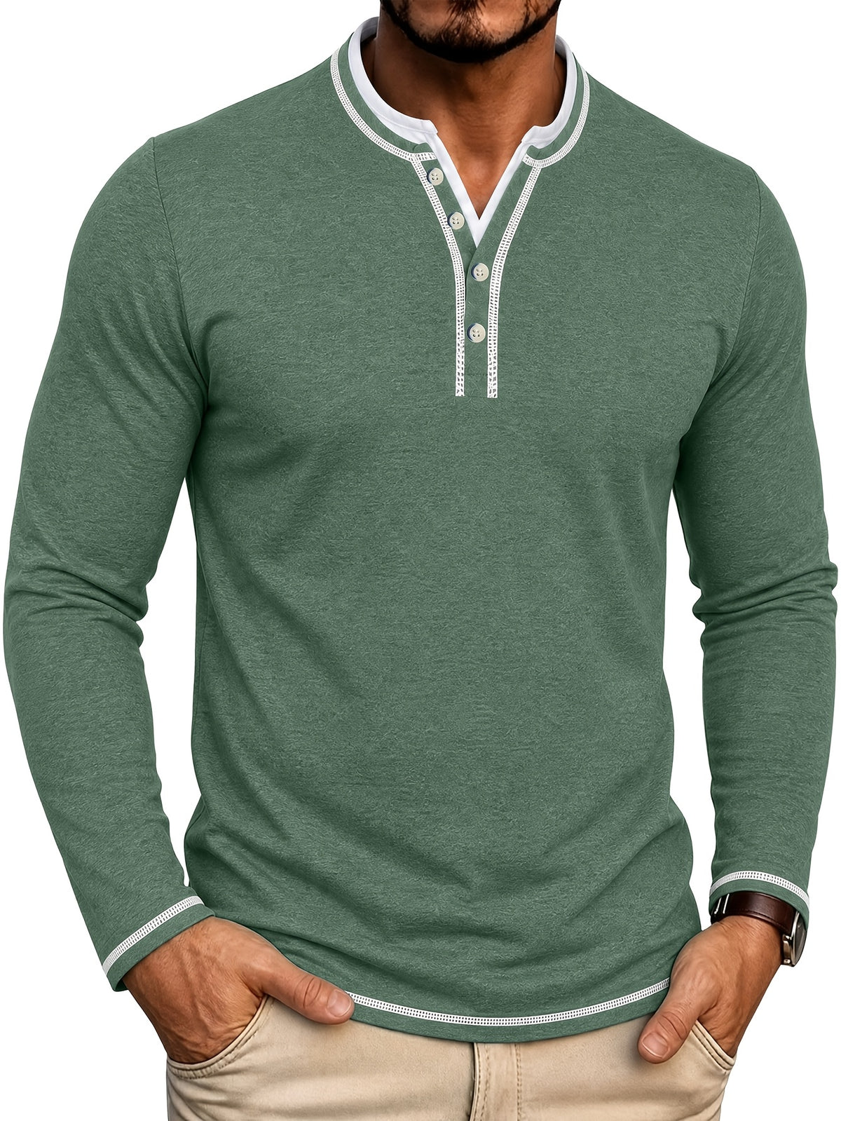 Cross-Border Men's Long Sleeve Crew Neck T-Shirt 2-in-1 Look Henley Shirt European and American Men's Pullover Top Base Layer Shirt - Green