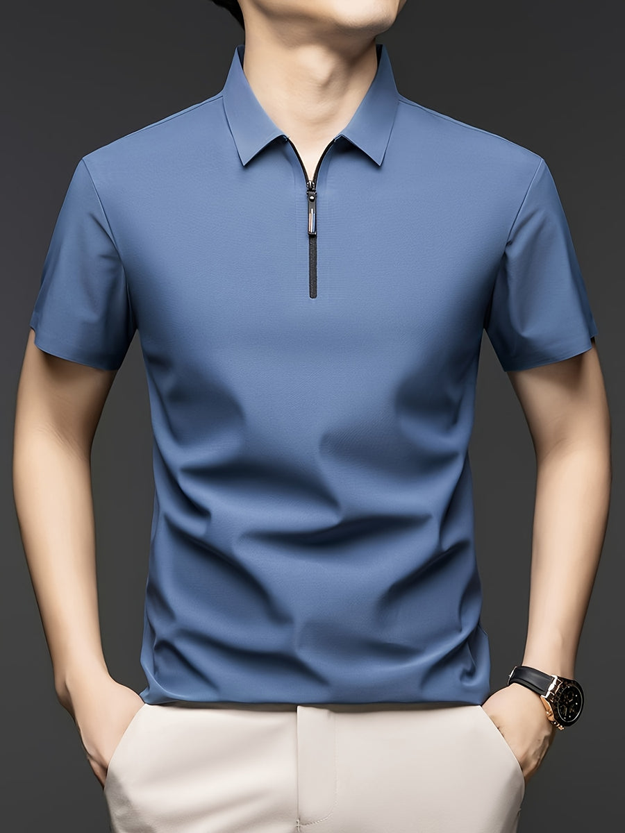 Men's Summer Short-Sleeve Half-Zip Lapel Polo Shirt - Solid Color T-Shirt Suitable for Casual & -Casual Wear, Breathable Half-Zip Collar, Short Sleeve Lapel Collar, Hand Washable Solid Color Polo Tee for Office or Everyday Outfits - Gray Blue