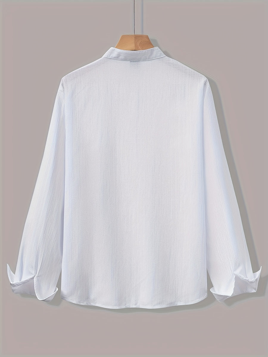 [Qiaoximei OBM] Men'S Clothing New Stand-Collar Solid Color Long Sleeve Shirt, Easy Stand-Collar Design, Spring Autumn Winter High-Quality Men'S Long Sleeve Button-Up Shirt - Suitable for Outdoor Leisure Vacation Travel Formal - White