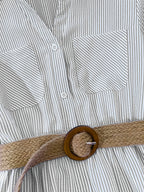 YTD Women's Casual Striped Long Sleeve Single-Breasted Pocket Long Shirt Dress HF869 with Belt - Grey