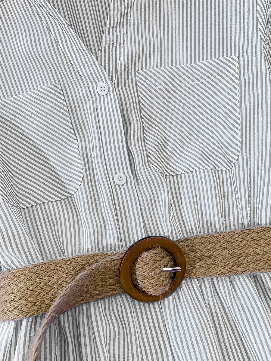 YTD Women's Casual Striped Long Sleeve Single-Breasted Pocket Long Shirt Dress HF869 with Belt - Grey