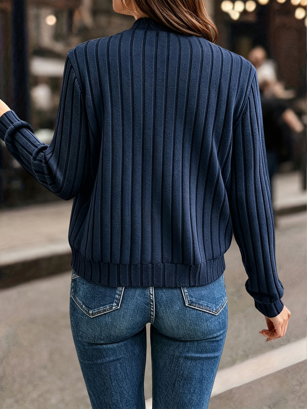 Elegant Directional, Elegant Solid Color Ribbed Zipper Long-Sleeve Jacket Coat - Autumn/Winter Style, Suitable for Commuting, Elegant Casual Wear, Wear - Deep Blue
