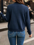 Elegant Directional, Elegant Solid Color Ribbed Zipper Long-Sleeve Jacket Coat - Autumn/Winter Style, Suitable for Commuting, Elegant Casual Wear, Wear - Deep Blue