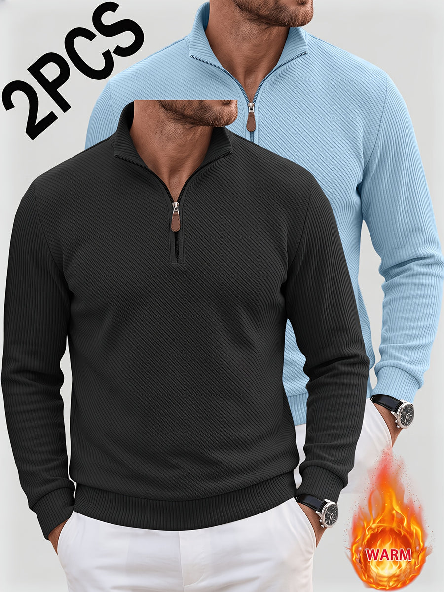 2pcs Men'S Autumn Winter New Corduroy Textured Half-Zip Stand Collar Knit Sweater Set, Light Luxury Long Sleeve Elastic Ribbed Base Layer Business Casual Inner Outerwear; Daily Commute, Home Entertaining, Camping Dating Scenarios - Black+Light Blue