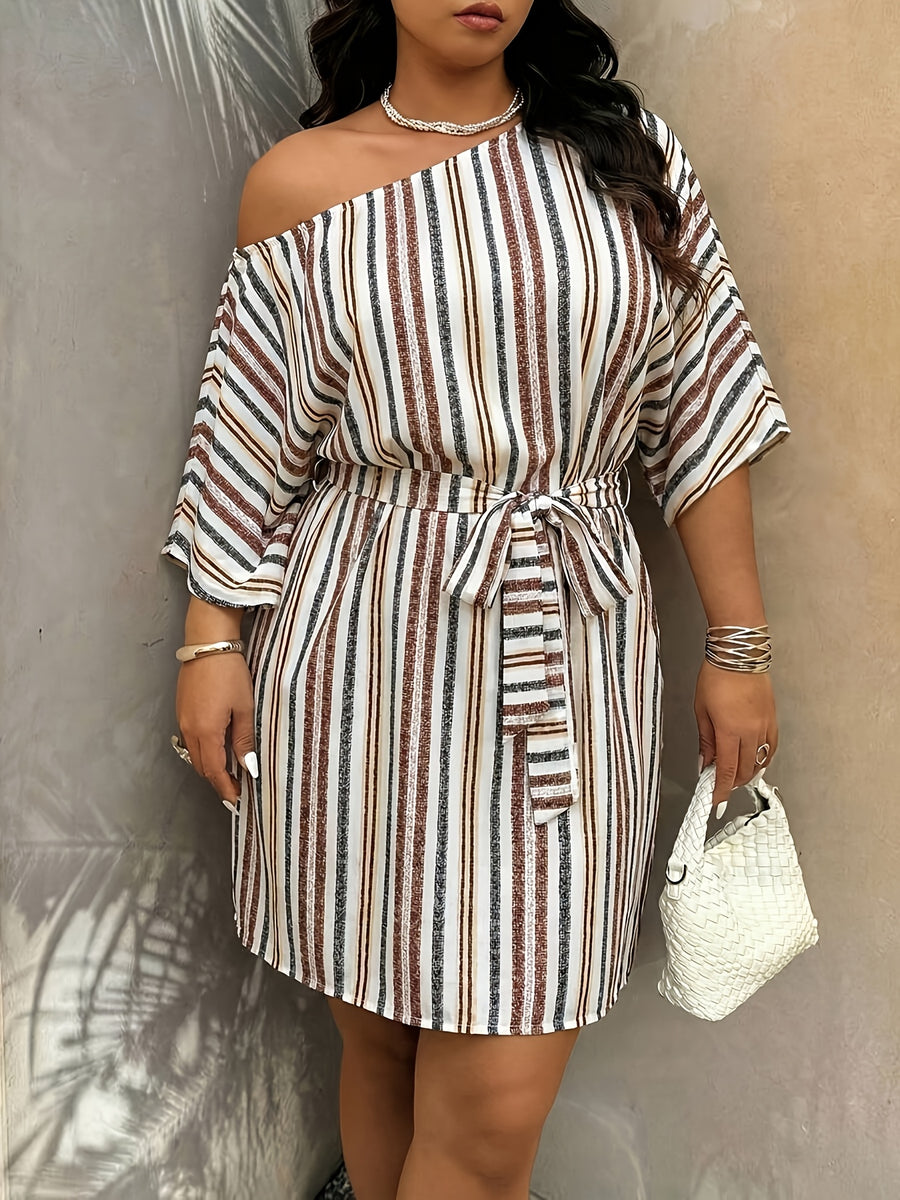 French Vintage Off-Shoulder Dress - Vertical Stripe A-Line Midi Dress with Waist Tie, Half-Sleeve Short Skirt Suitable for Vacation, Commuting, Office, Casual & Elegant Outfits, Loose Fit - Rust
