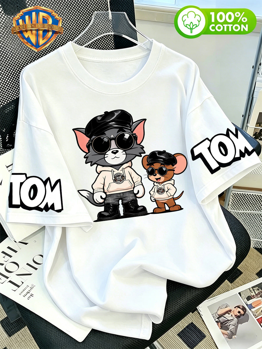 Warner Bros. Official Cartoon Print Crew Neck 100% Cotton T-Shirt, a Versatile and Fashionable Crew Neck Top for Men. Made from 100% Pure Cotton Fabric, It Offers Casual Comfort and a Relaxed Fit. This Short-sleeve T-shirt Is Perfect for Daily Summer - White