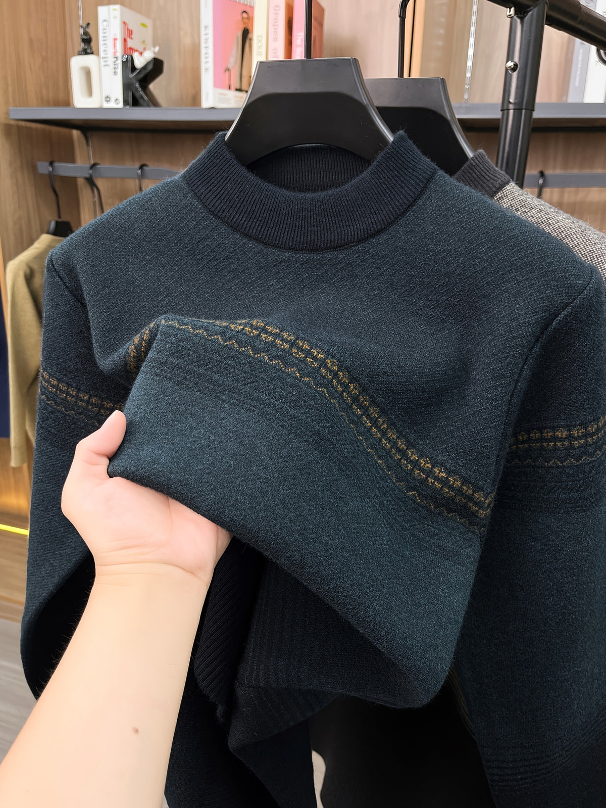 Men's Simple Knit Autumn/Winter Warm Color-Block Versatile Crew Neck Sweater - Dark Green