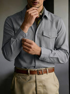 Men's Solid Color Button- Shirt with Double Pocket Collar - Machine Washable Long Sleeve Work Shirt Suitable for Business Casual, Commuting & Office Wear, Button-Front Collar Top for Spring/Autumn Layering (Adult Gift), father's day - Grey