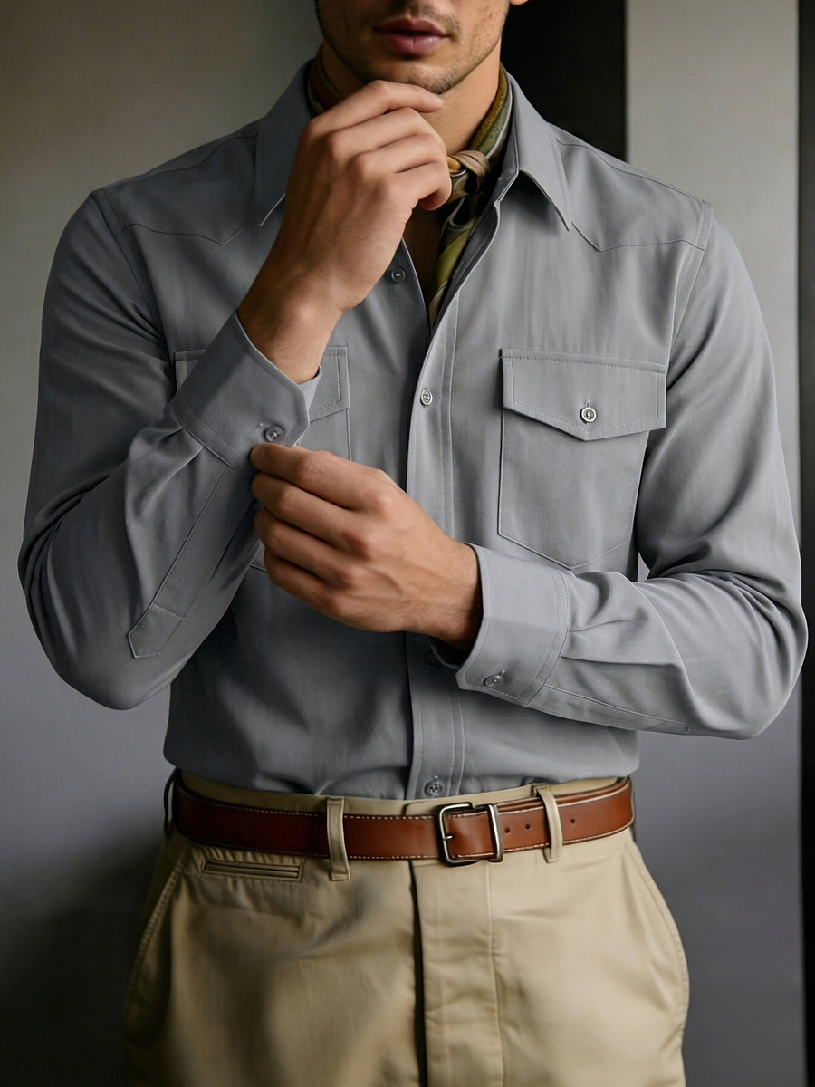 Men's Solid Color Button- Shirt with Double Pocket Collar - Machine Washable Long Sleeve Work Shirt Suitable for Business Casual, Commuting & Office Wear, Button-Front Collar Top for Spring/Autumn Layering (Adult Gift), father's day - Grey