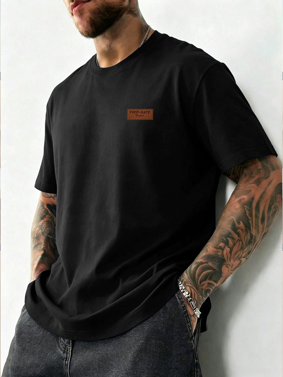 Summer New Men'S Regular Fit Short Sleeve T-Shirt with Chest Brown Small Label Text Print Easy Comfortable Casual Outing Commute All-Match Round Neck Top - Black