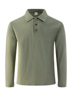 Men'S Linen Long Sleeve Polo Shirt with Chest Pocket - Military Green