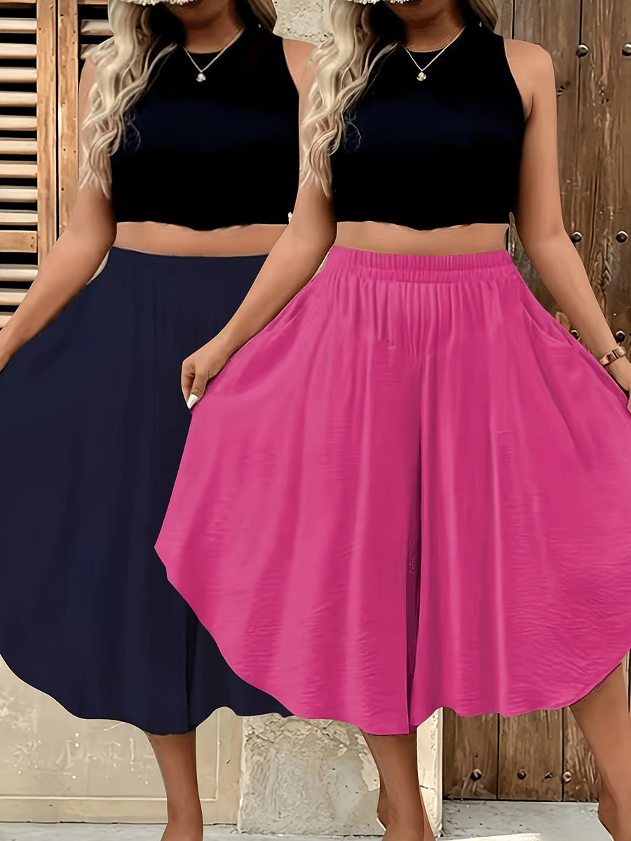 2pcs Cross-Border Spring/Summer New Solid Color Versatile High-Waist Casual Shorts for Women - Navy Blue with Rose Red