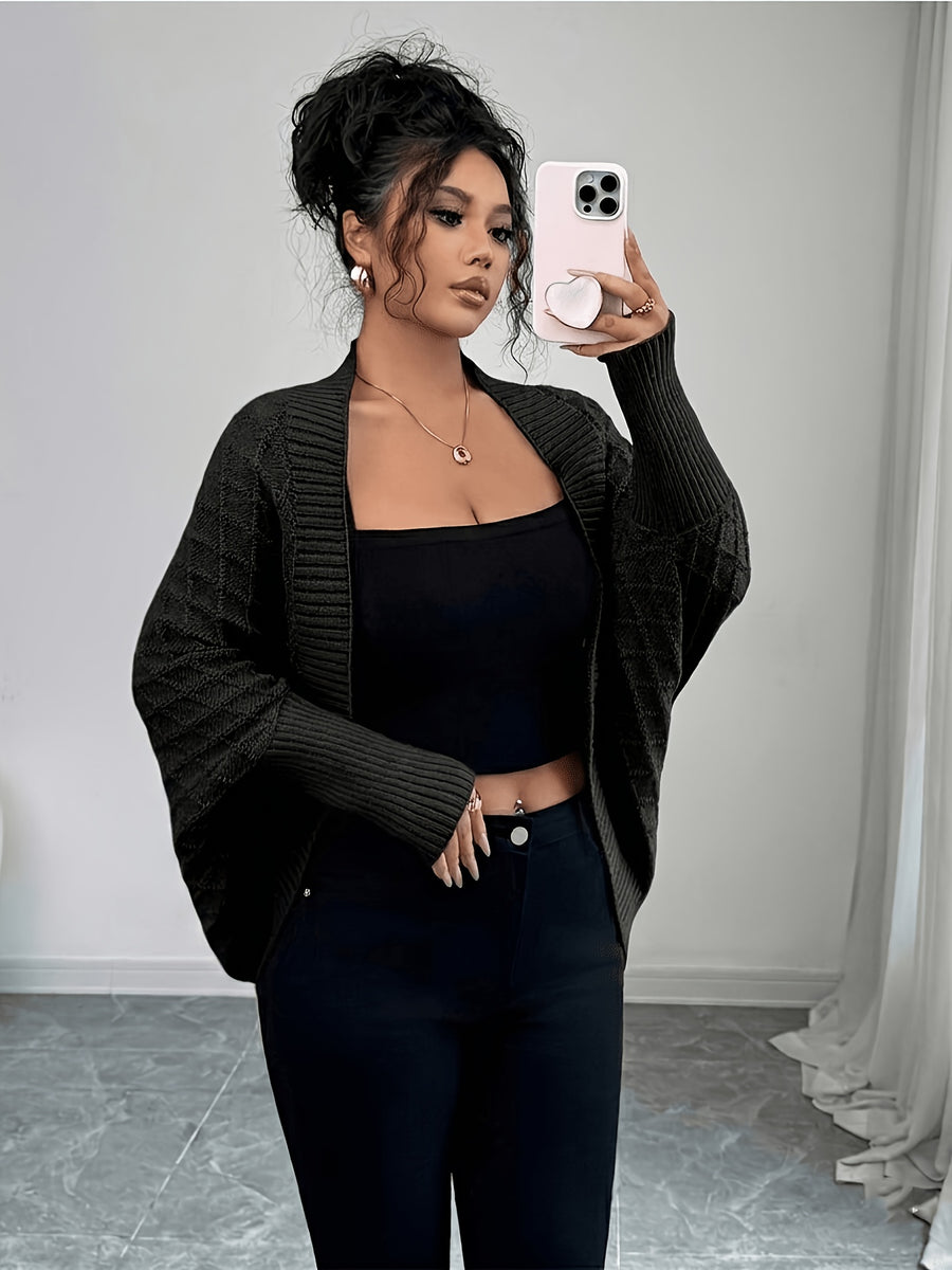 Women'S Cardigan: Casual Elegance with Batwing Sleeves Mid-Length Jumper, Versatile And Sophisticated Knitwear - Black