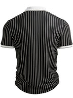 Men's Summer Textured Striped Fabric  POLO Collar Design Short Sleeve Fashionable Outdoor Sports POLO Shirt - White And Black Stripe