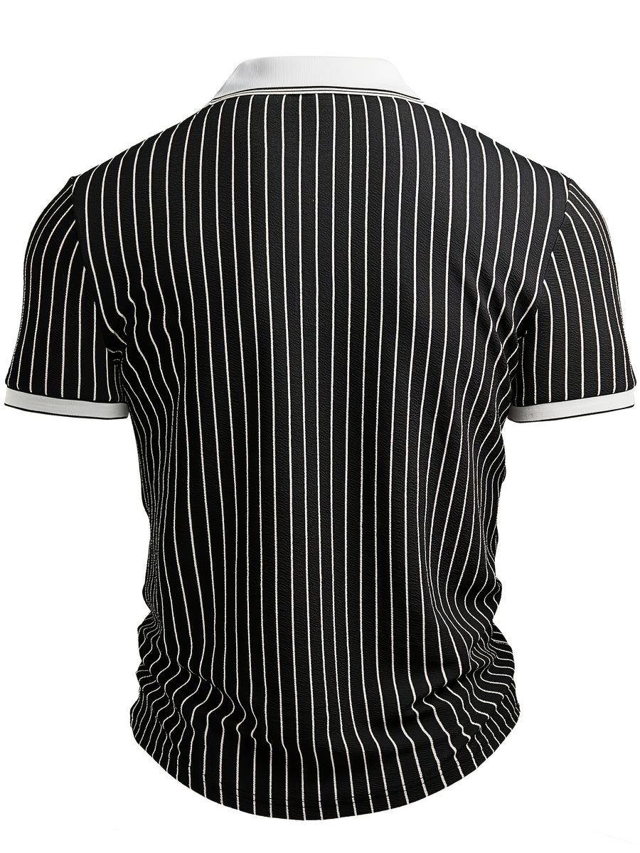 Men's Summer Textured Striped Fabric  POLO Collar Design Short Sleeve Fashionable Outdoor Sports POLO Shirt - White And Black Stripe