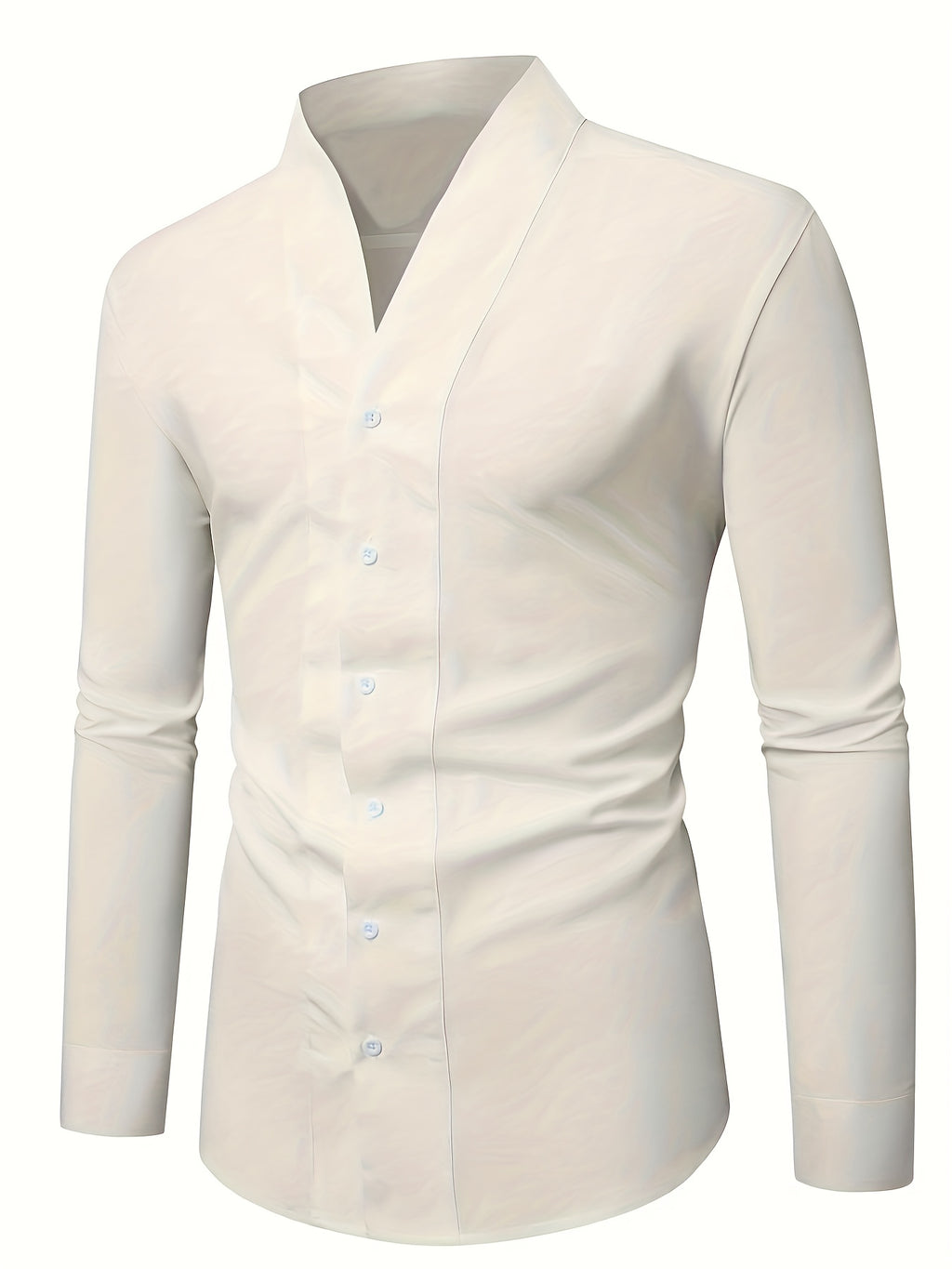 Men'S Solid Color V-Neck Shirt Casual Business Formal Shirt Slim Fit Long-Sleeved Social Party Shirt, Soft And Skin-Friendly Fabric, Suitable for Wearing in All 4 Seasons, Autumn, Stretchy, Office, Button - Off-white