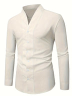Men'S Solid Color V-Neck Shirt Casual Business Formal Shirt Slim Fit Long-Sleeved Social Party Shirt, Soft And Skin-Friendly Fabric, Suitable for Wearing in All 4 Seasons, Autumn, Stretchy, Office, Button - Off-white