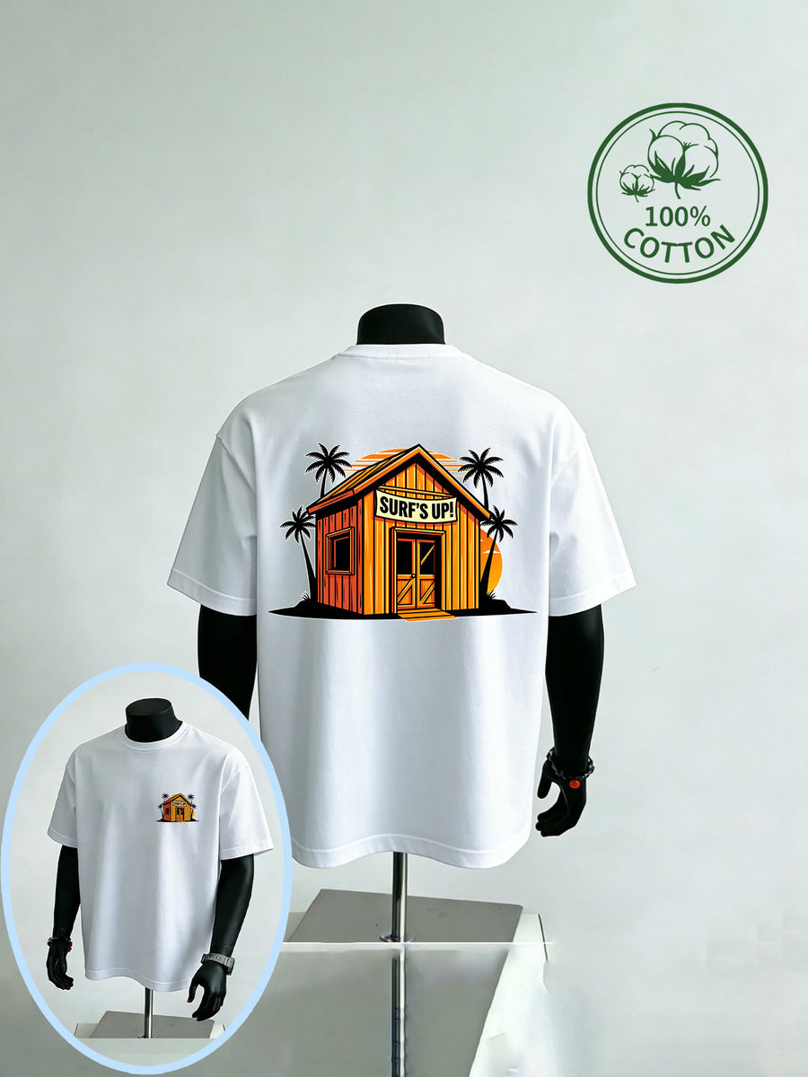 New Summer Style Beach Surf Shack Print Men's Casual Sport Fitness Pure Cotton Short-Sleeve Shirt, Moisture-Wicking and Sweat-Absorbing, Comfortable for Casual Outings and Outdoor Sports and Fitness - White