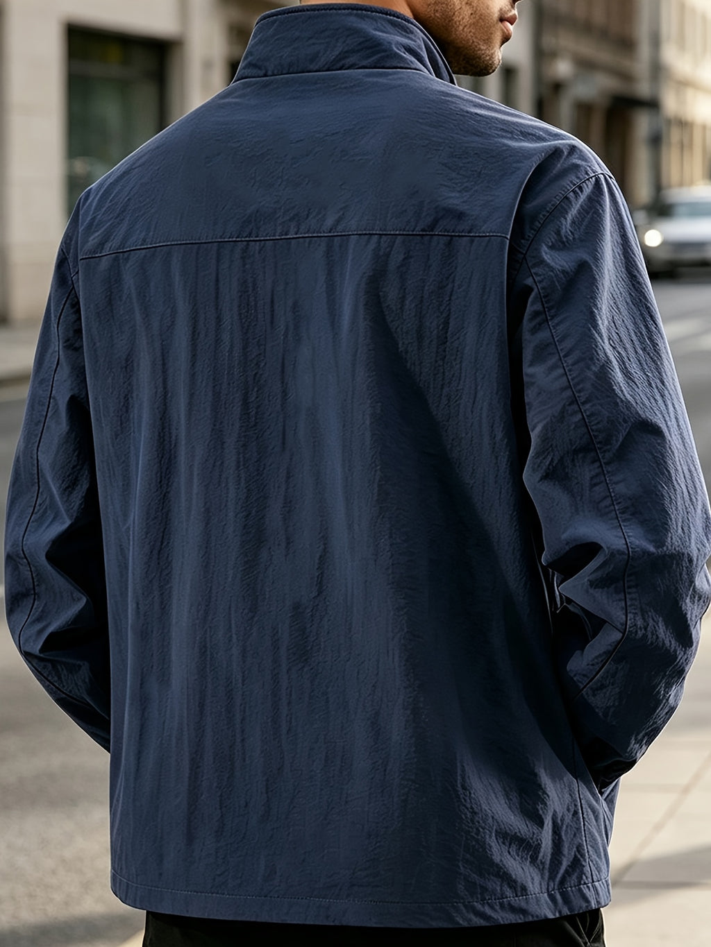 DIFFELEMENT Men'S Stand-Collar Tech Cargo Jacket, Lightweight Breathable Woven Fabric Windproof High Collar Full Zipper Front with Large Pockets And Dual Storage Design, Regular Fit for City Commute, Outdoor Hiking, Daily Layering, Casual Scenarios - Navy Color