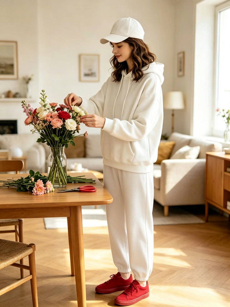Lazy Style Loose Sweatshirt and Sweatpants Set, Long Sleeve Hooded Top and Jogger Pants, Daily Running Sportswear - White sweatshirt + white sweatpants