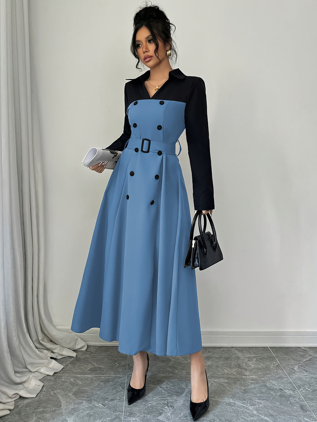 Fashionable Versatile Elegant Commute V-Neck Patchwork Contrast Solid Long Sleeve Waist-Cinching Belt Dress - Royal Blue